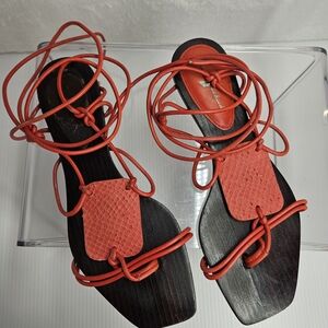 7 For All Mankind Red Leather Lace Up Sandals Wood Sole Size 7
